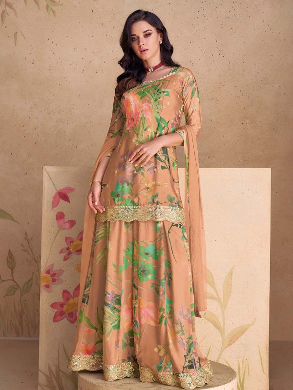 Solid Peach Chinon Silk Party Wear Plazzo Suit